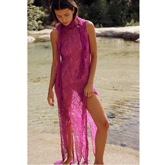 Zara TEXTURED LACE LONG DRESS - Picture 9 of 16